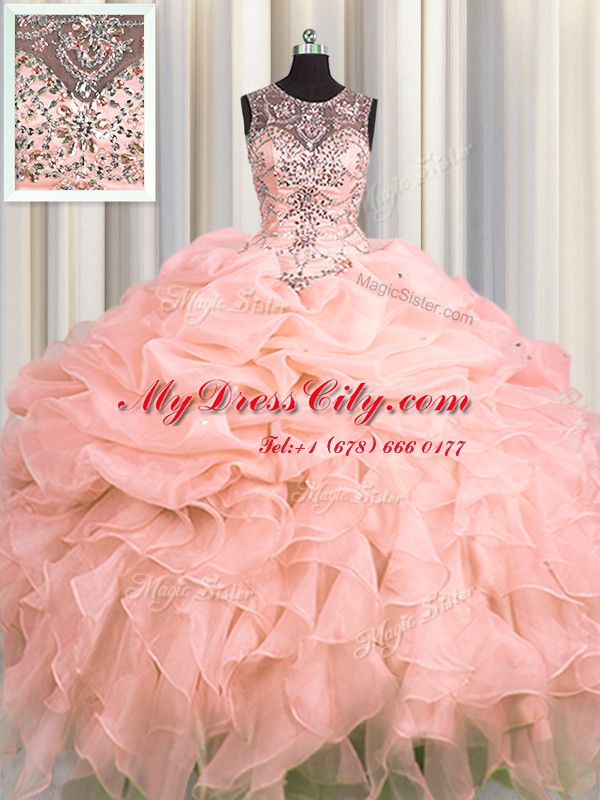 Excellent See Through Pink Scoop Lace Up Beading and Ruffles and Pick Ups Sweet 16 Dresses Sleeveless