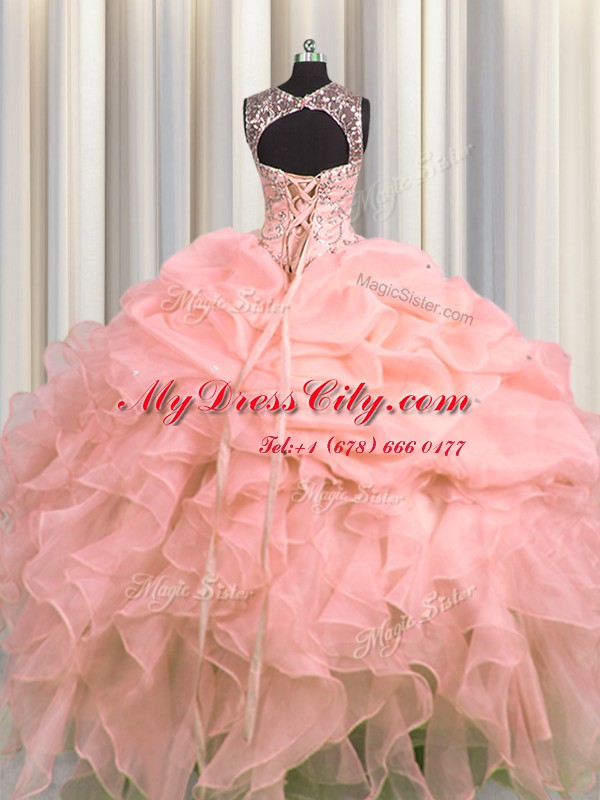 Excellent See Through Pink Scoop Lace Up Beading and Ruffles and Pick Ups Sweet 16 Dresses Sleeveless