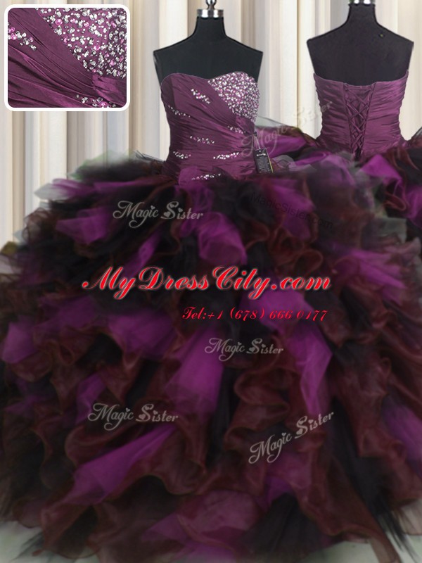 Exceptional Multi-color Ball Gowns Organza and Tulle Sweetheart Sleeveless Beading and Ruffles and Ruffled Layers Floor Length Lace Up Quinceanera Dress