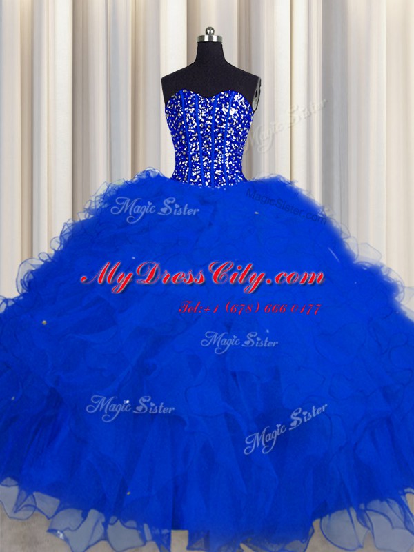 Elegant Visible Boning Sleeveless Lace Up Floor Length Beading and Ruffles and Sequins Ball Gown Prom Dress