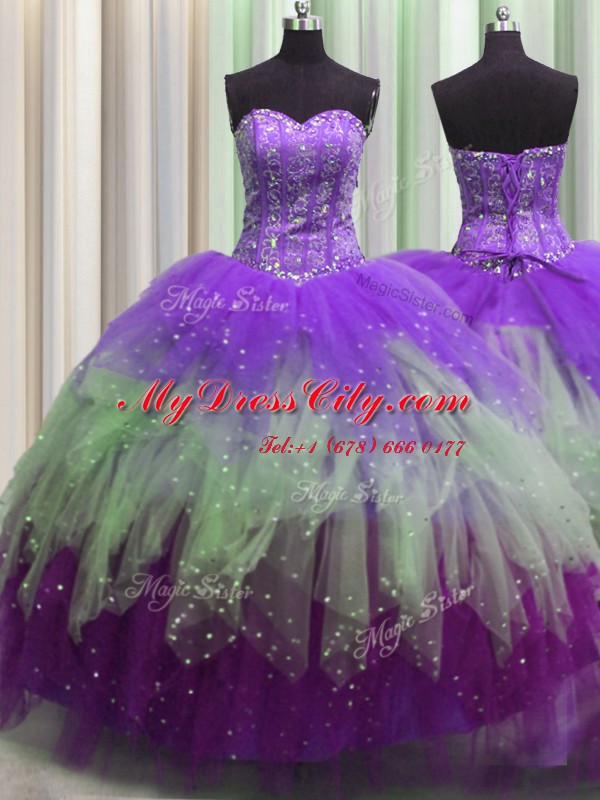 Visible Boning Multi-color Tulle Lace Up Ball Gown Prom Dress Sleeveless Floor Length Beading and Ruffles and Sequins