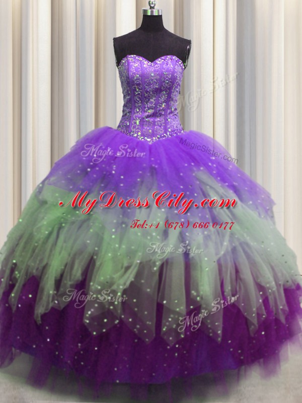 Visible Boning Multi-color Tulle Lace Up Ball Gown Prom Dress Sleeveless Floor Length Beading and Ruffles and Sequins