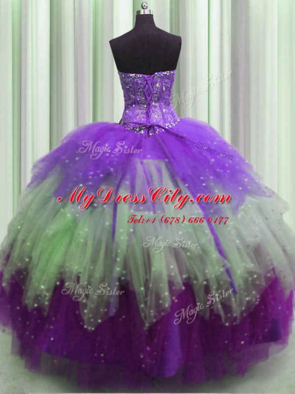 Visible Boning Multi-color Tulle Lace Up Ball Gown Prom Dress Sleeveless Floor Length Beading and Ruffles and Sequins