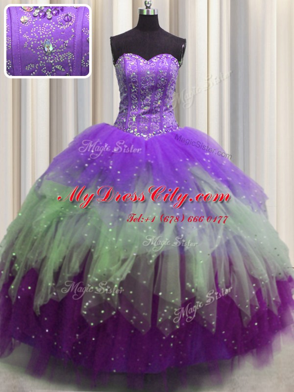 Visible Boning Multi-color Tulle Lace Up Ball Gown Prom Dress Sleeveless Floor Length Beading and Ruffles and Sequins