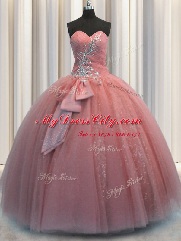 Custom Designed Sweetheart Sleeveless 15th Birthday Dress Floor Length Beading and Sequins and Bowknot Watermelon Red Tulle