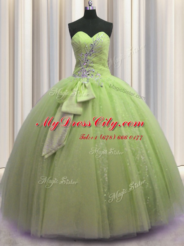 Tulle Sleeveless Floor Length Sweet 16 Dresses and Beading and Sequins and Bowknot