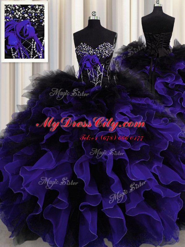 Black And Purple Organza and Tulle Lace Up Vestidos de Quinceanera Sleeveless Floor Length Beading and Ruffles