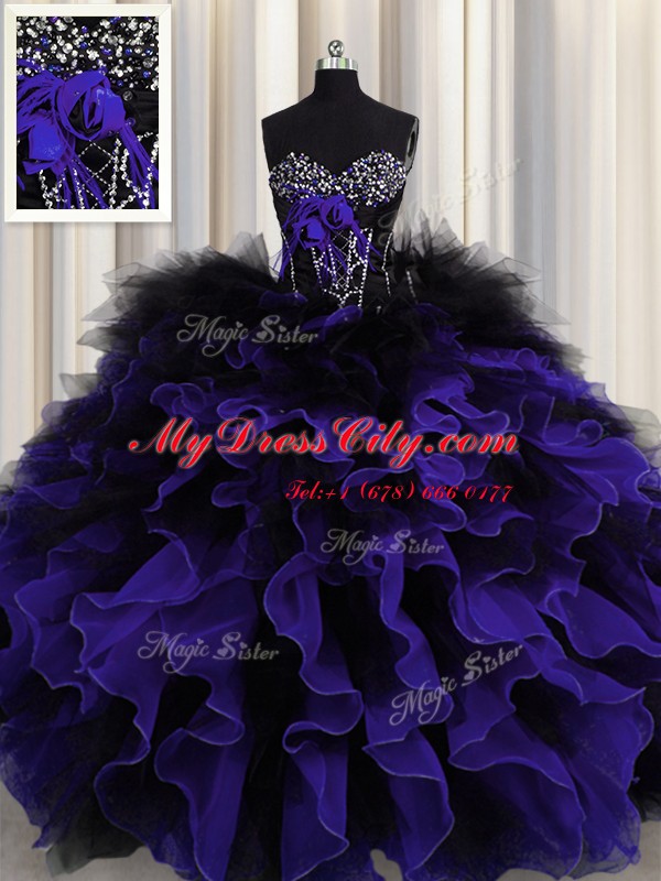 Black And Purple Organza and Tulle Lace Up Vestidos de Quinceanera Sleeveless Floor Length Beading and Ruffles