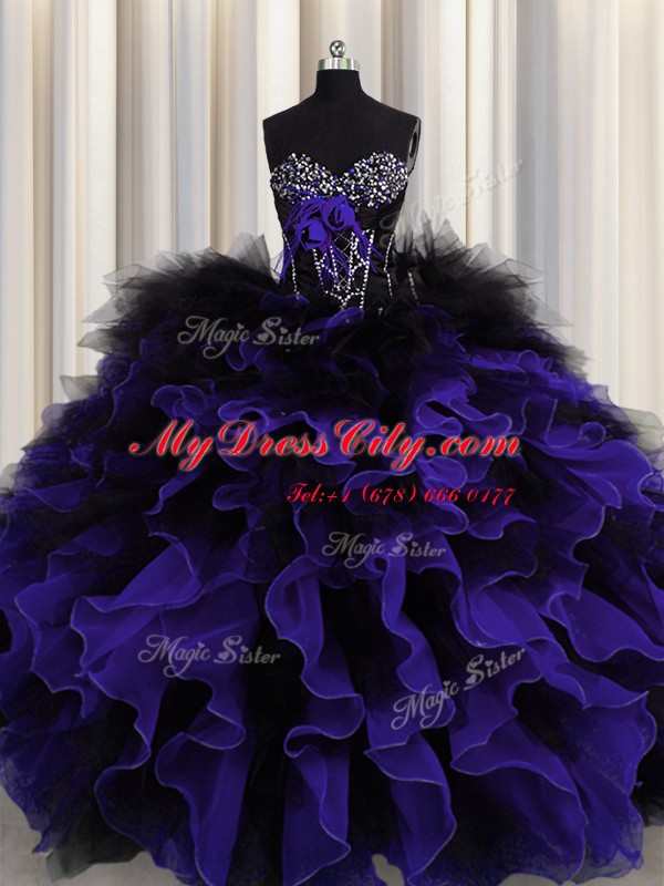 Black And Purple Organza and Tulle Lace Up Vestidos de Quinceanera Sleeveless Floor Length Beading and Ruffles