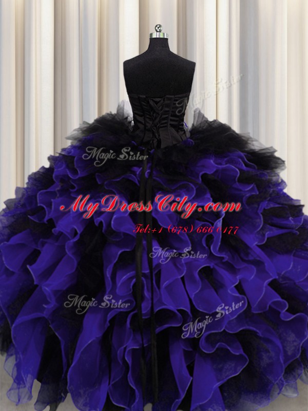 Black And Purple Organza and Tulle Lace Up Vestidos de Quinceanera Sleeveless Floor Length Beading and Ruffles