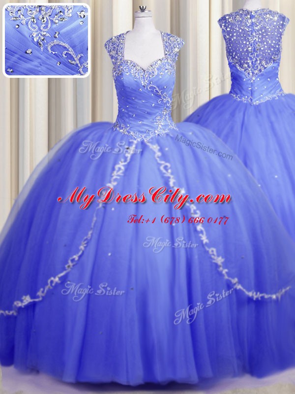 Classical Zipper Up Blue Cap Sleeves Tulle Brush Train Zipper Sweet 16 Quinceanera Dress for Military Ball and Sweet 16 and Quinceanera