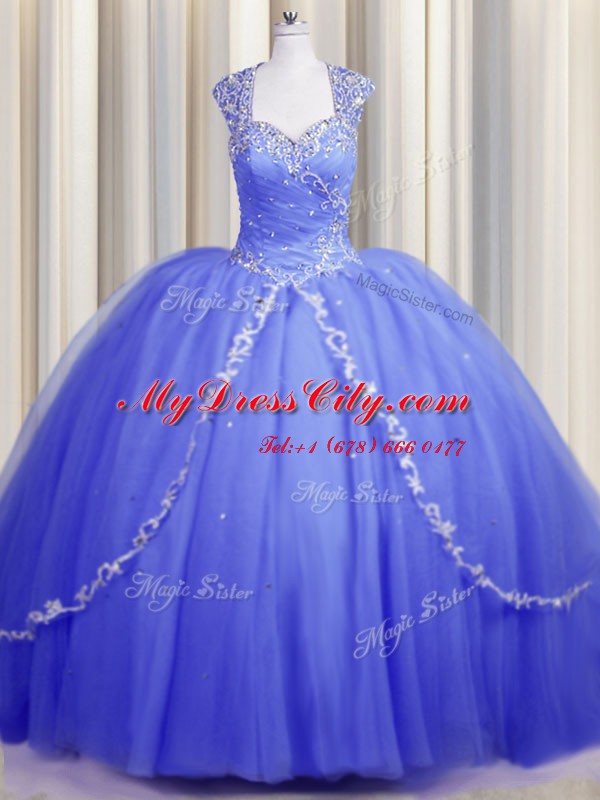 Classical Zipper Up Blue Cap Sleeves Tulle Brush Train Zipper Sweet 16 Quinceanera Dress for Military Ball and Sweet 16 and Quinceanera