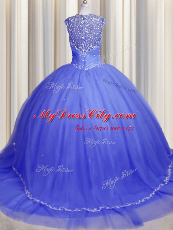 Classical Zipper Up Blue Cap Sleeves Tulle Brush Train Zipper Sweet 16 Quinceanera Dress for Military Ball and Sweet 16 and Quinceanera