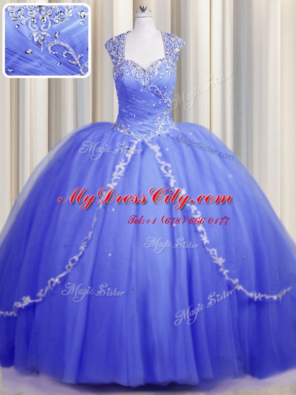 Classical Zipper Up Blue Cap Sleeves Tulle Brush Train Zipper Sweet 16 Quinceanera Dress for Military Ball and Sweet 16 and Quinceanera