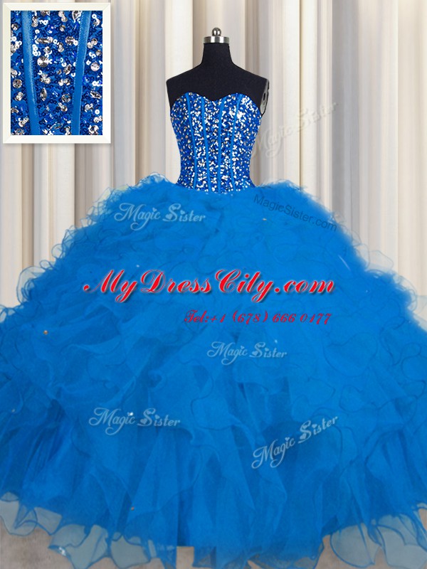 Colorful Visible Boning Blue Ball Gowns Beading and Ruffles and Sequins Quince Ball Gowns Lace Up Tulle Sleeveless Floor Length