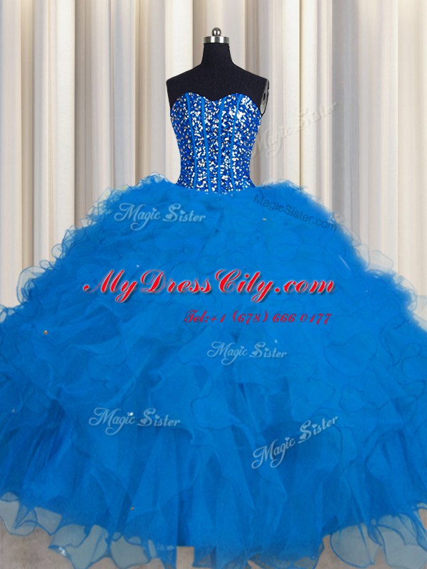 Colorful Visible Boning Blue Ball Gowns Beading and Ruffles and Sequins Quince Ball Gowns Lace Up Tulle Sleeveless Floor Length