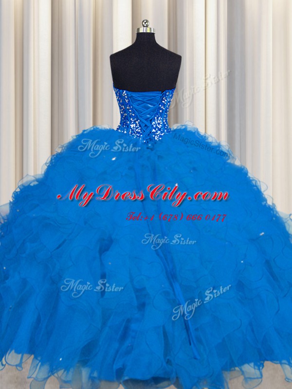 Colorful Visible Boning Blue Ball Gowns Beading and Ruffles and Sequins Quince Ball Gowns Lace Up Tulle Sleeveless Floor Length