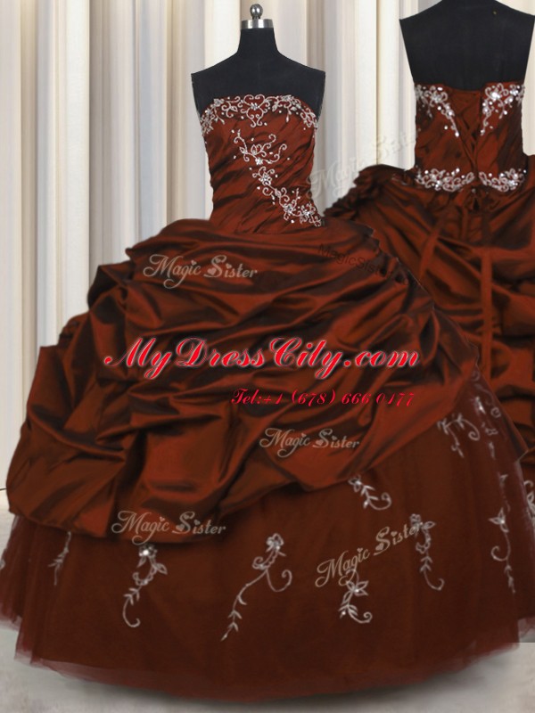 Embroidery Burgundy Taffeta Lace Up Strapless Sleeveless Floor Length Quinceanera Gowns Beading and Appliques and Pick Ups