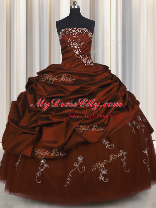 Embroidery Burgundy Taffeta Lace Up Strapless Sleeveless Floor Length Quinceanera Gowns Beading and Appliques and Pick Ups