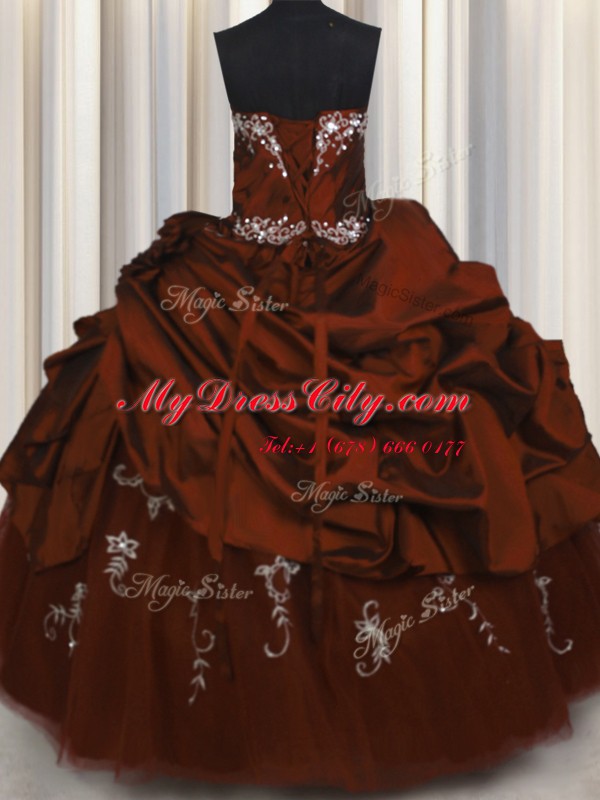 Embroidery Burgundy Taffeta Lace Up Strapless Sleeveless Floor Length Quinceanera Gowns Beading and Appliques and Pick Ups