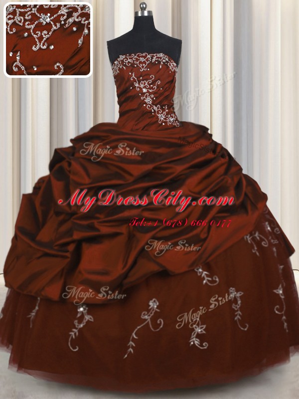 Embroidery Burgundy Taffeta Lace Up Strapless Sleeveless Floor Length Quinceanera Gowns Beading and Appliques and Pick Ups