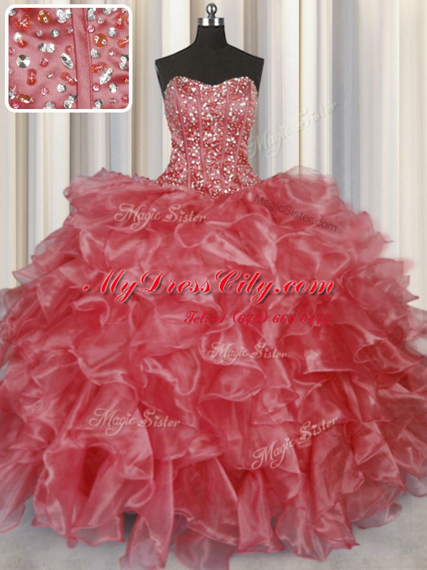 Visible Boning Coral Red Lace Up Strapless Beading and Ruffles 15 Quinceanera Dress Organza Sleeveless