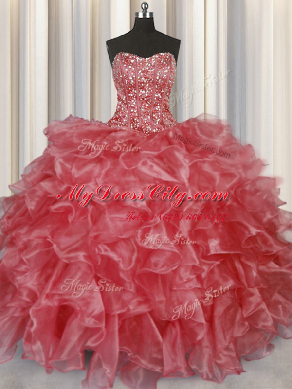 Visible Boning Coral Red Lace Up Strapless Beading and Ruffles 15 Quinceanera Dress Organza Sleeveless