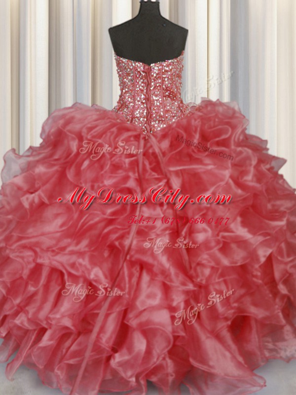 Visible Boning Coral Red Lace Up Strapless Beading and Ruffles 15 Quinceanera Dress Organza Sleeveless