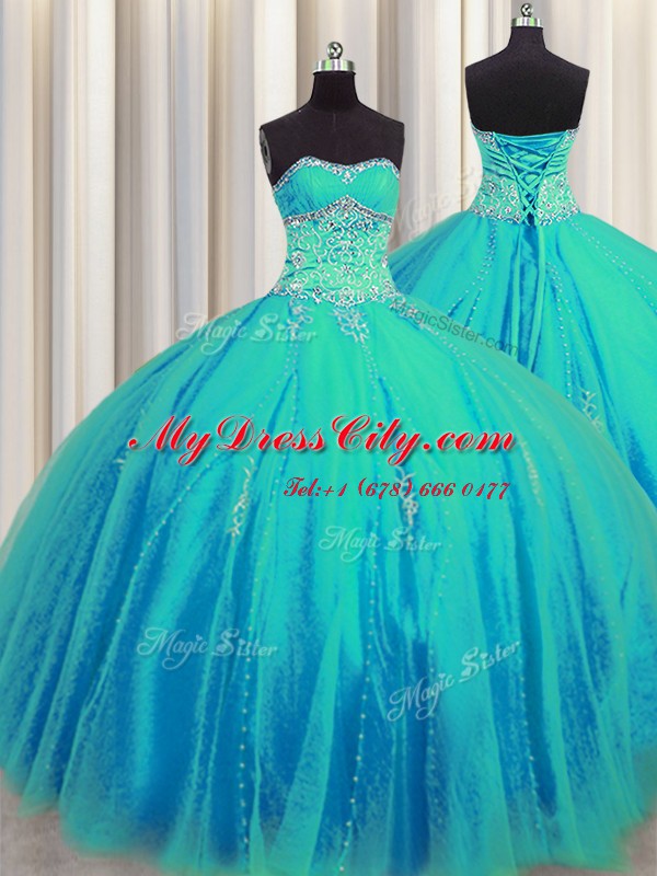 High Quality Big Puffy Aqua Blue Lace Up Quince Ball Gowns Beading and Appliques Sleeveless Floor Length