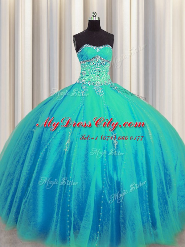 High Quality Big Puffy Aqua Blue Lace Up Quince Ball Gowns Beading and Appliques Sleeveless Floor Length