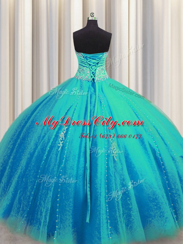 High Quality Big Puffy Aqua Blue Lace Up Quince Ball Gowns Beading and Appliques Sleeveless Floor Length