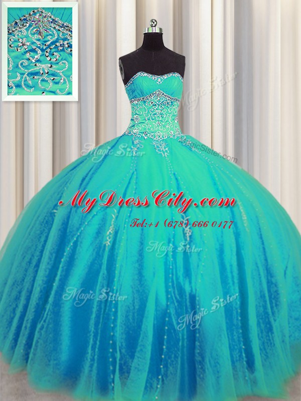 High Quality Big Puffy Aqua Blue Lace Up Quince Ball Gowns Beading and Appliques Sleeveless Floor Length