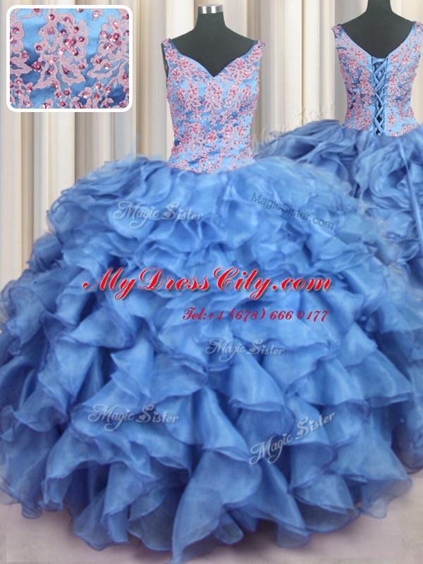 Fitting Ruffled V-neck Sleeveless Lace Up 15th Birthday Dress Baby Blue Organza