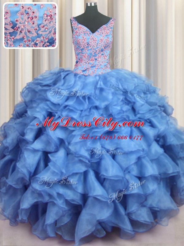 Fitting Ruffled V-neck Sleeveless Lace Up 15th Birthday Dress Baby Blue Organza