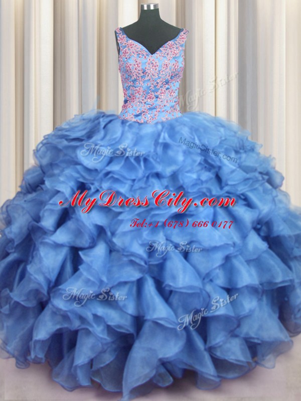 Fitting Ruffled V-neck Sleeveless Lace Up 15th Birthday Dress Baby Blue Organza