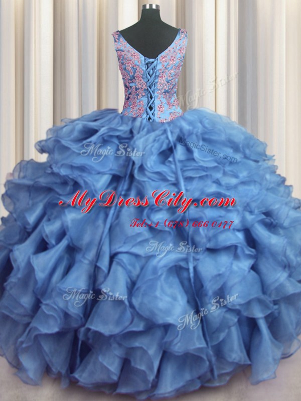 Fitting Ruffled V-neck Sleeveless Lace Up 15th Birthday Dress Baby Blue Organza