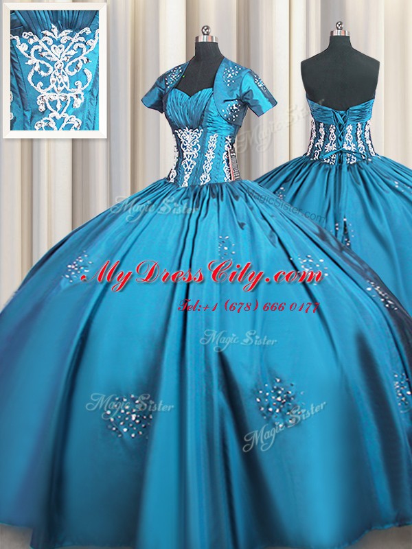 Custom Made Ball Gowns Sweet 16 Dresses Teal Sweetheart Taffeta Short Sleeves Floor Length Lace Up