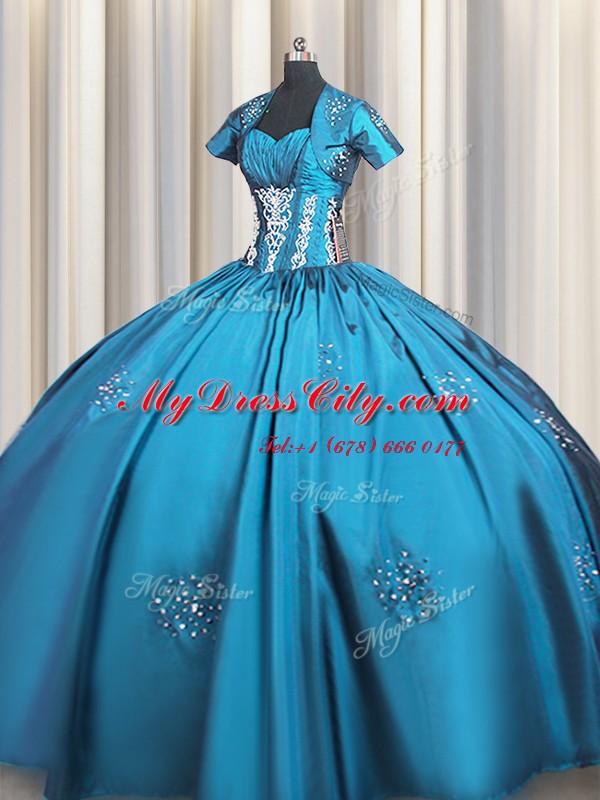 Custom Made Ball Gowns Sweet 16 Dresses Teal Sweetheart Taffeta Short Sleeves Floor Length Lace Up