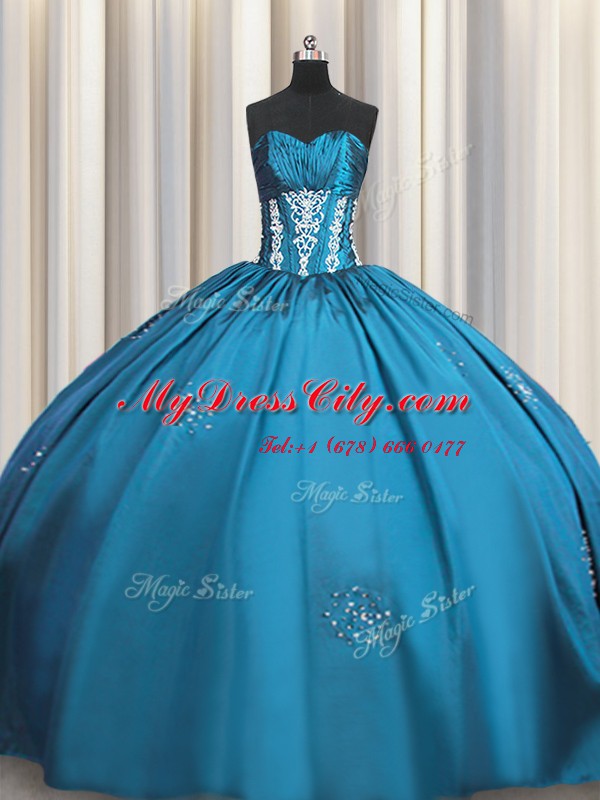 Custom Made Ball Gowns Sweet 16 Dresses Teal Sweetheart Taffeta Short Sleeves Floor Length Lace Up