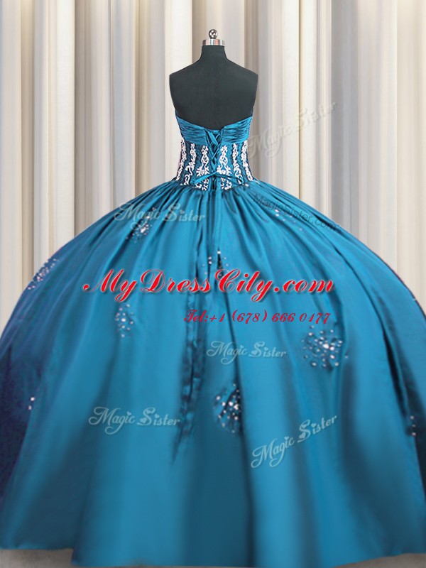 Custom Made Ball Gowns Sweet 16 Dresses Teal Sweetheart Taffeta Short Sleeves Floor Length Lace Up