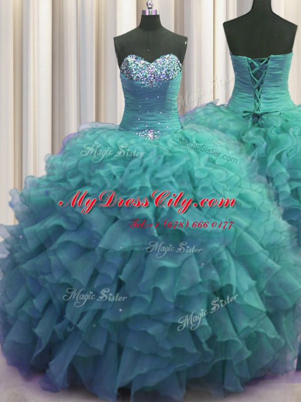 Vintage Beaded Bust Turquoise Lace Up Quinceanera Dress Beading and Ruffles Sleeveless Floor Length