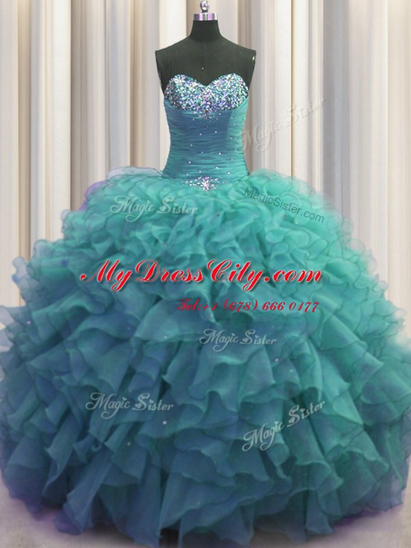 Vintage Beaded Bust Turquoise Lace Up Quinceanera Dress Beading and Ruffles Sleeveless Floor Length