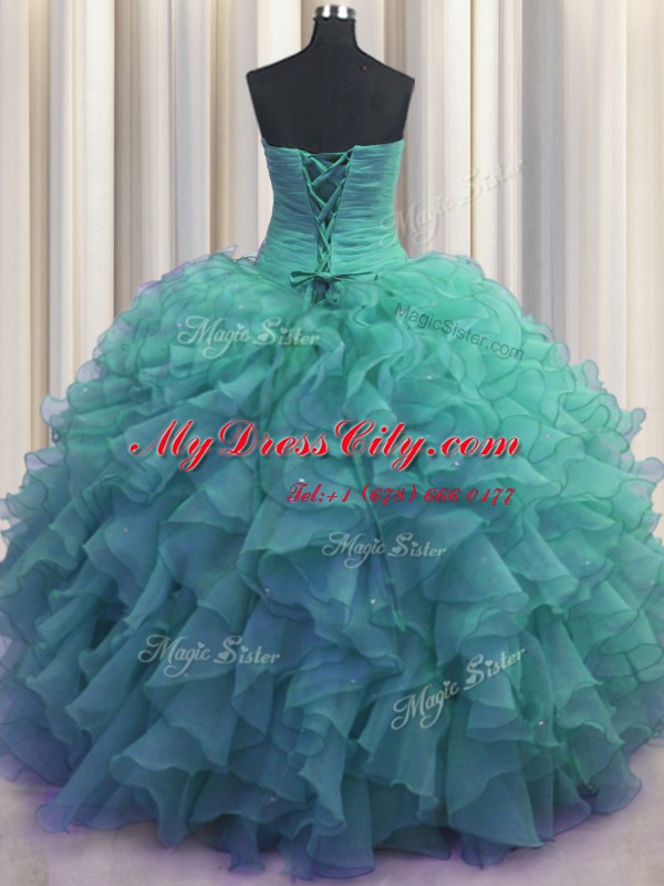 Vintage Beaded Bust Turquoise Lace Up Quinceanera Dress Beading and Ruffles Sleeveless Floor Length