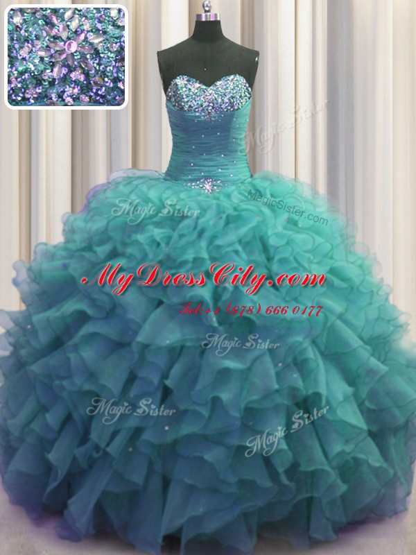 Vintage Beaded Bust Turquoise Lace Up Quinceanera Dress Beading and Ruffles Sleeveless Floor Length