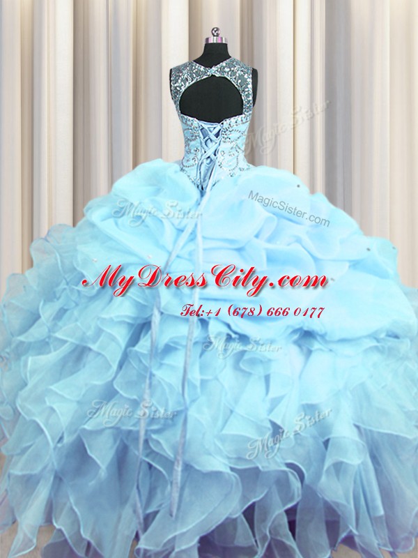 Excellent Scoop See Through Sleeveless Beading and Ruffles and Pick Ups Lace Up Quinceanera Gown