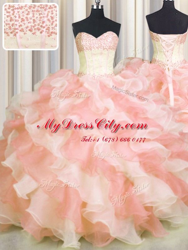 Admirable Visible Boning Two Tone Floor Length Multi-color 15th Birthday Dress Organza Sleeveless Beading and Ruffles