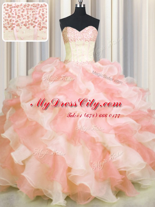 Admirable Visible Boning Two Tone Floor Length Multi-color 15th Birthday Dress Organza Sleeveless Beading and Ruffles