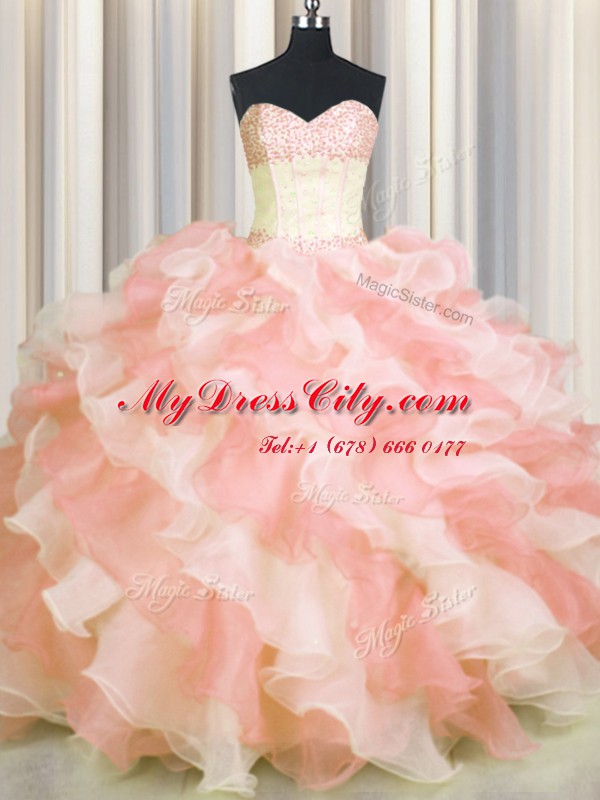 Admirable Visible Boning Two Tone Floor Length Multi-color 15th Birthday Dress Organza Sleeveless Beading and Ruffles