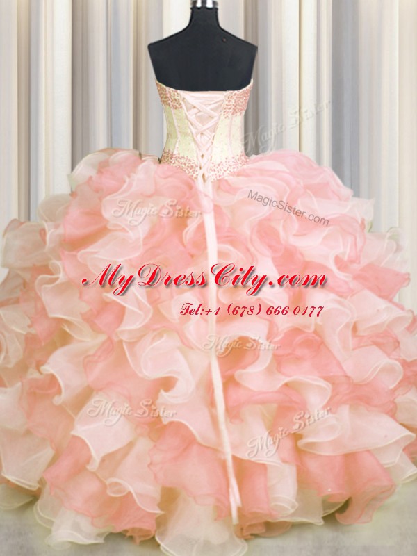 Admirable Visible Boning Two Tone Floor Length Multi-color 15th Birthday Dress Organza Sleeveless Beading and Ruffles