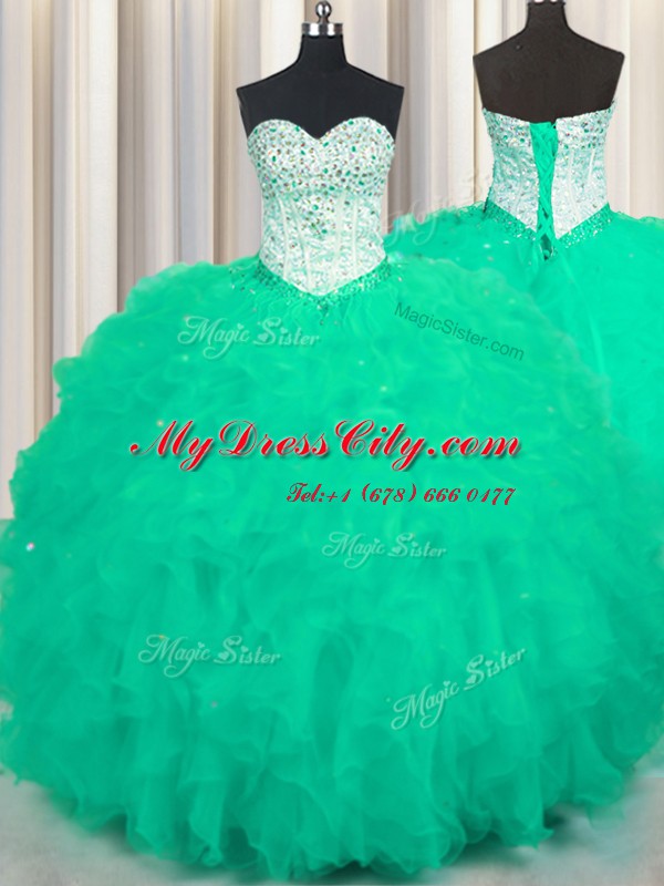 Turquoise Quince Ball Gowns Military Ball and Sweet 16 and Quinceanera and For with Beading and Ruffles Sweetheart Sleeveless Lace Up